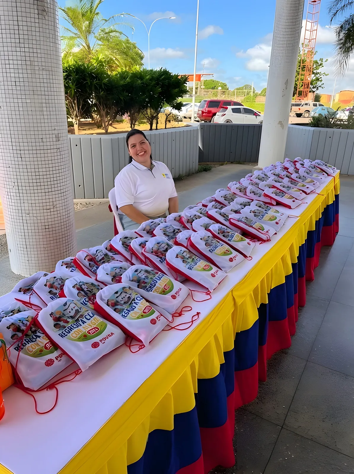 Mesa larga con morrales escolares estampados, atendida por una integrante del equipo.